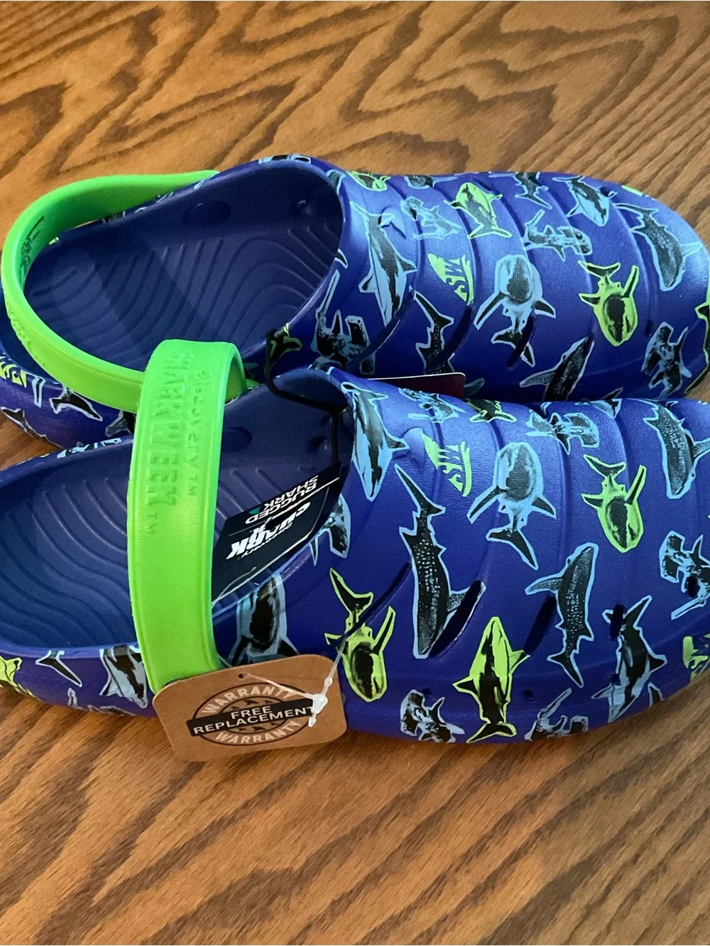 NWT Discovery Shark, Rugged Shark Slip-On Clogs, Royal Blue/Lime Green, Sz Boys